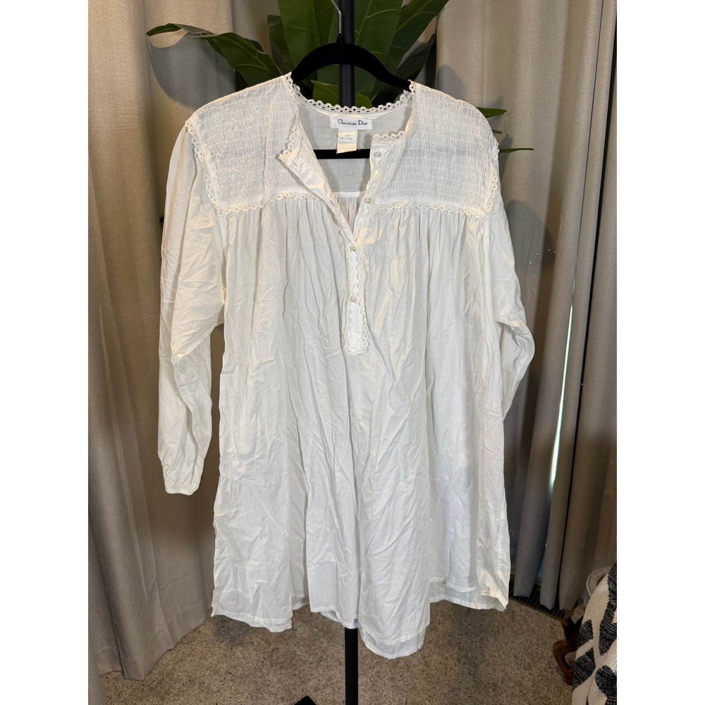 Christian Dior Vintage White Cotton Smocked Lace Nightgown Dress 338859 Large